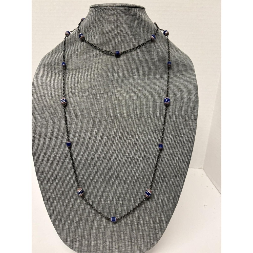 Vintage Blue Chevron African Trade Bead Opera Chain Necklace 51"